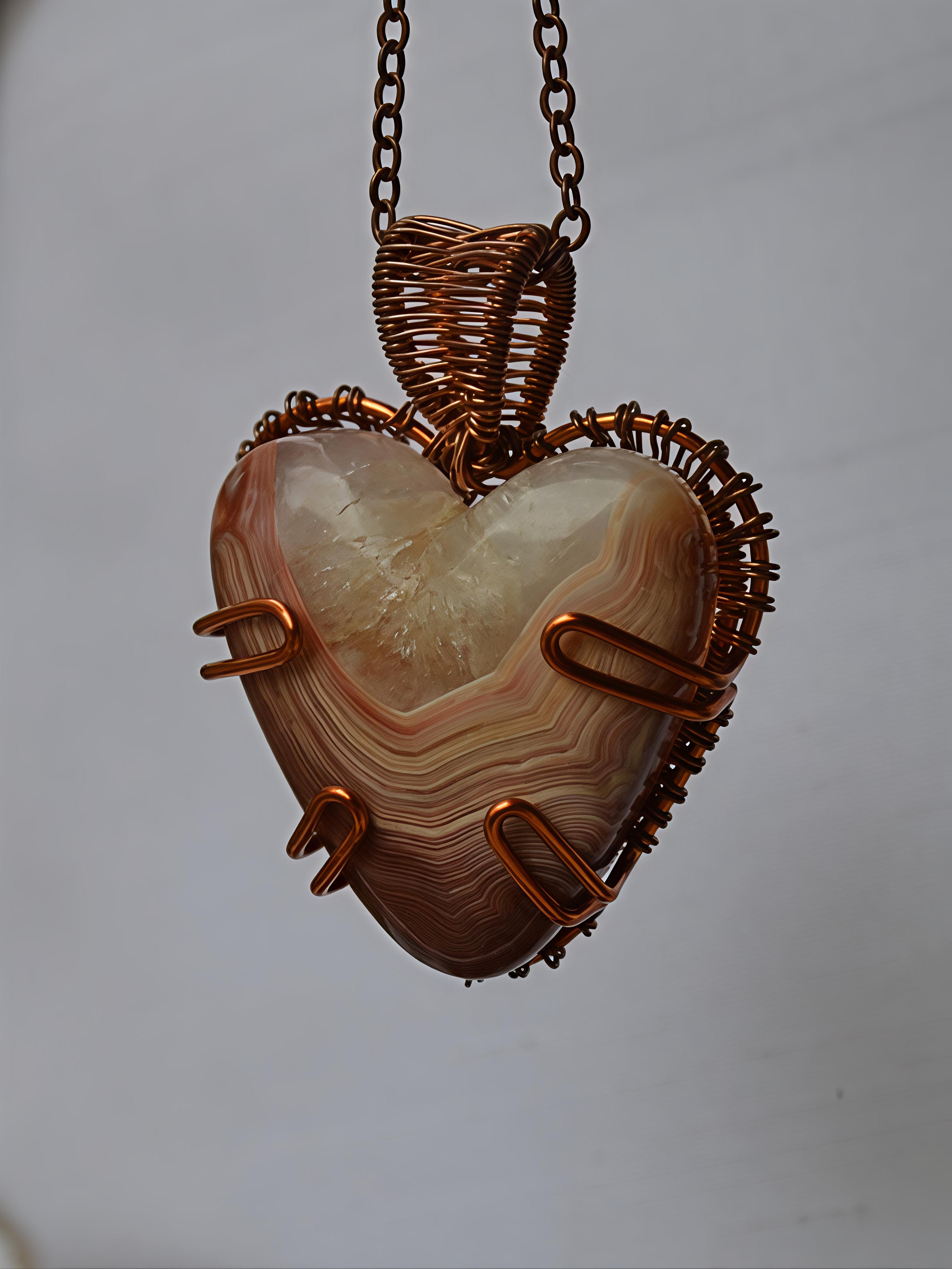 Handmade heart-shaped Australian agate wire wrapped pendant necklace