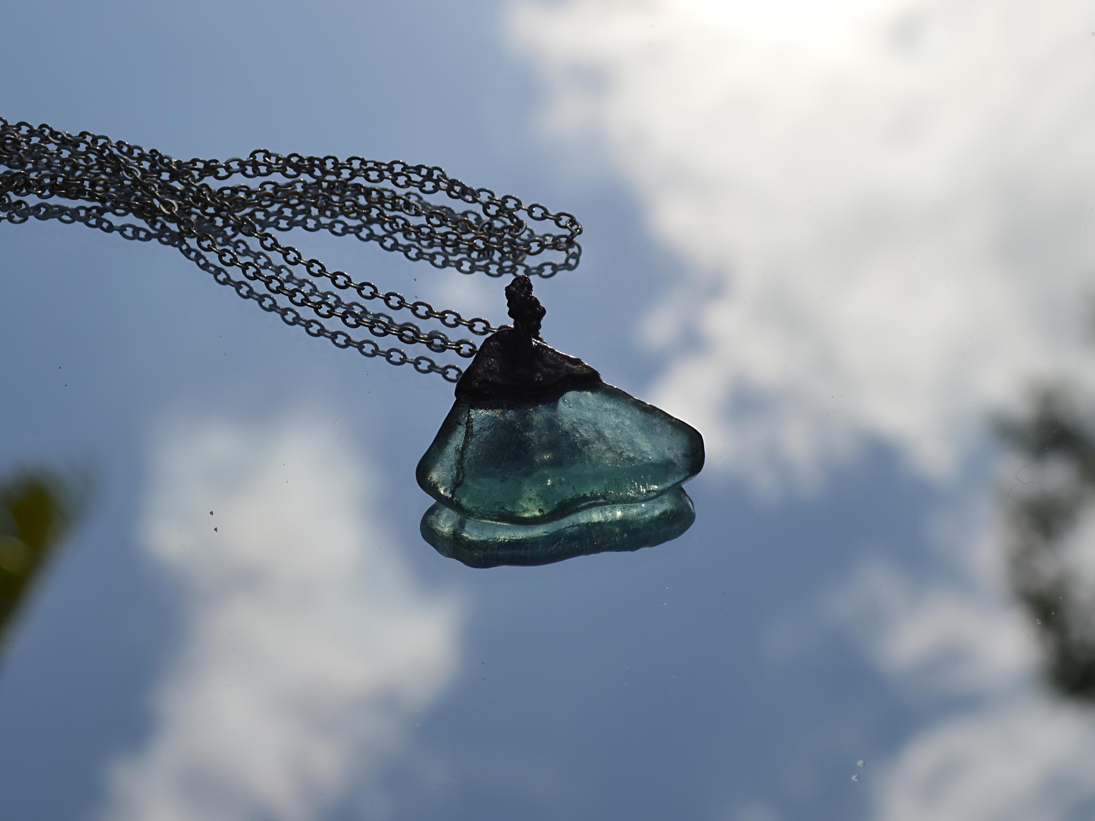 Handmade bright blue sea glass copper pendant necklace – Top End jewellery