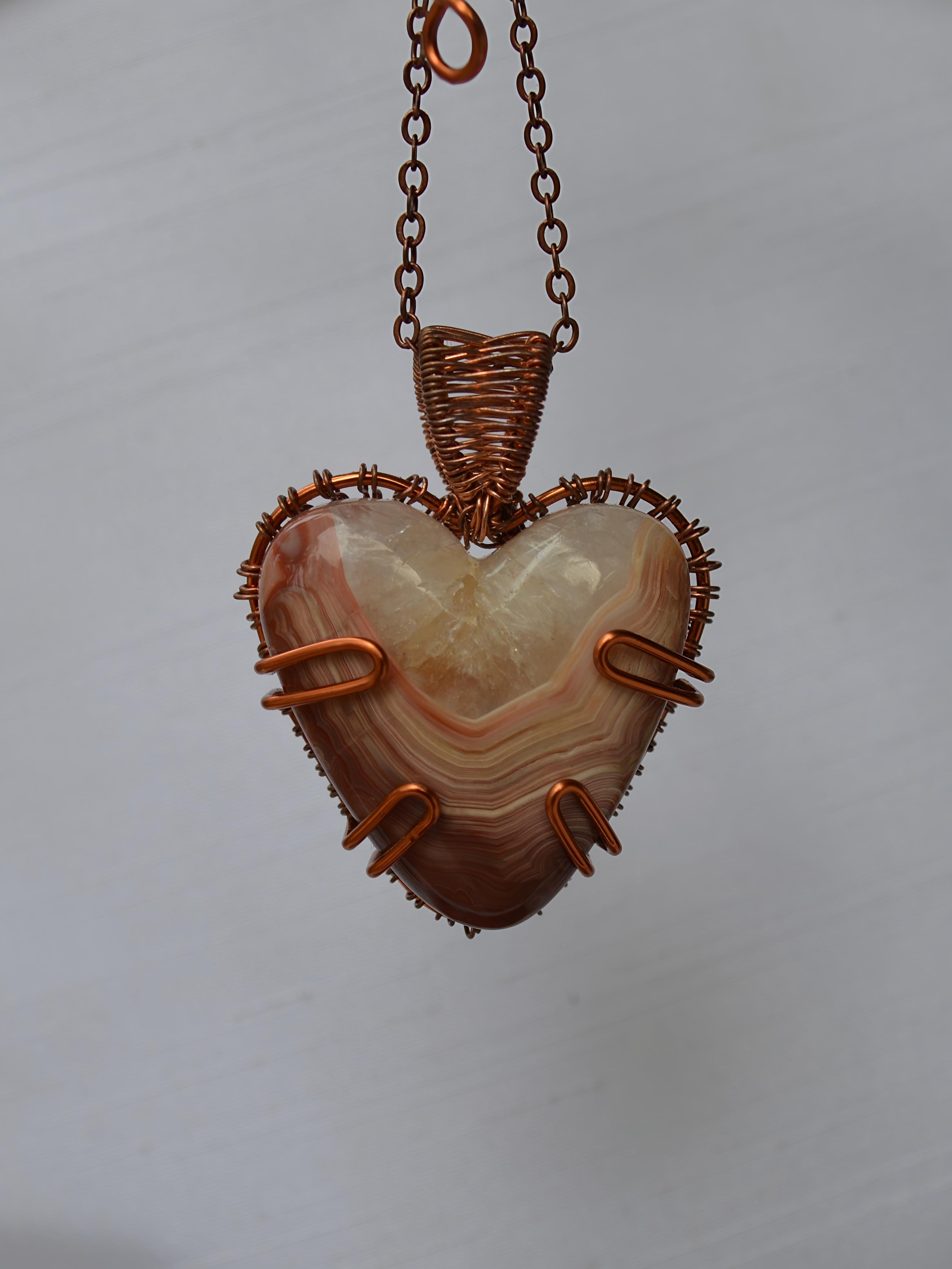 Handmade heart-shaped Australian agate wire wrapped pendant necklace