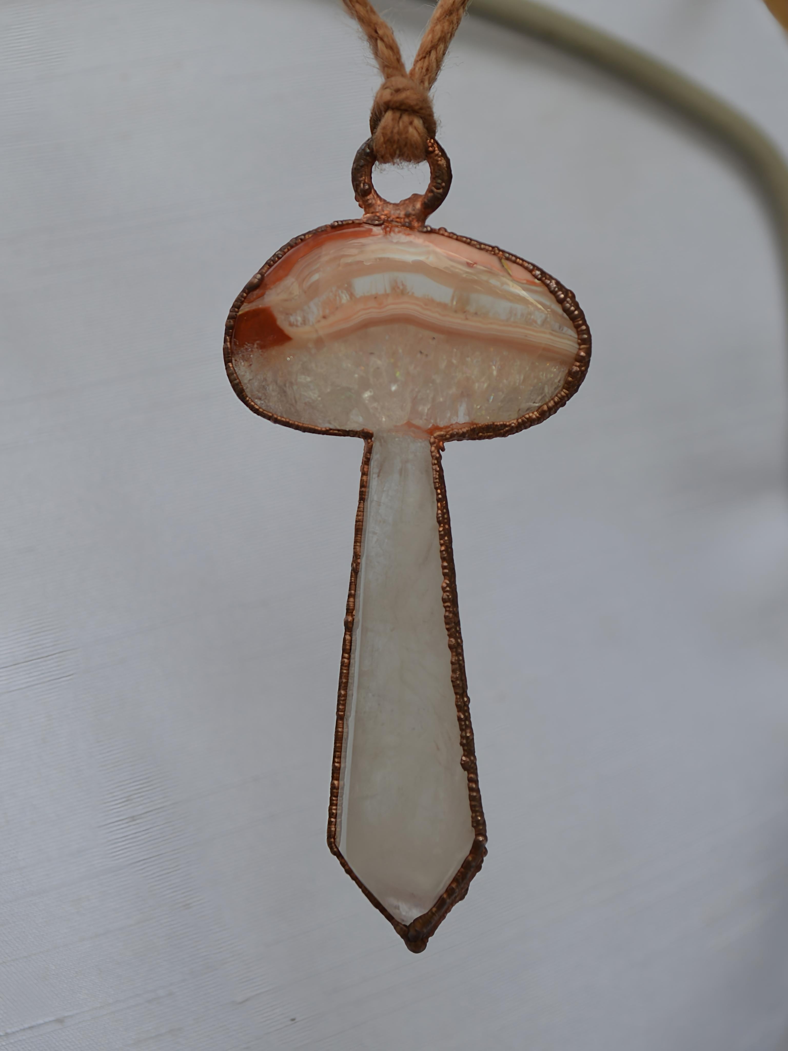 Handmade Australian agate + quartz mushroom copper pendant necklace